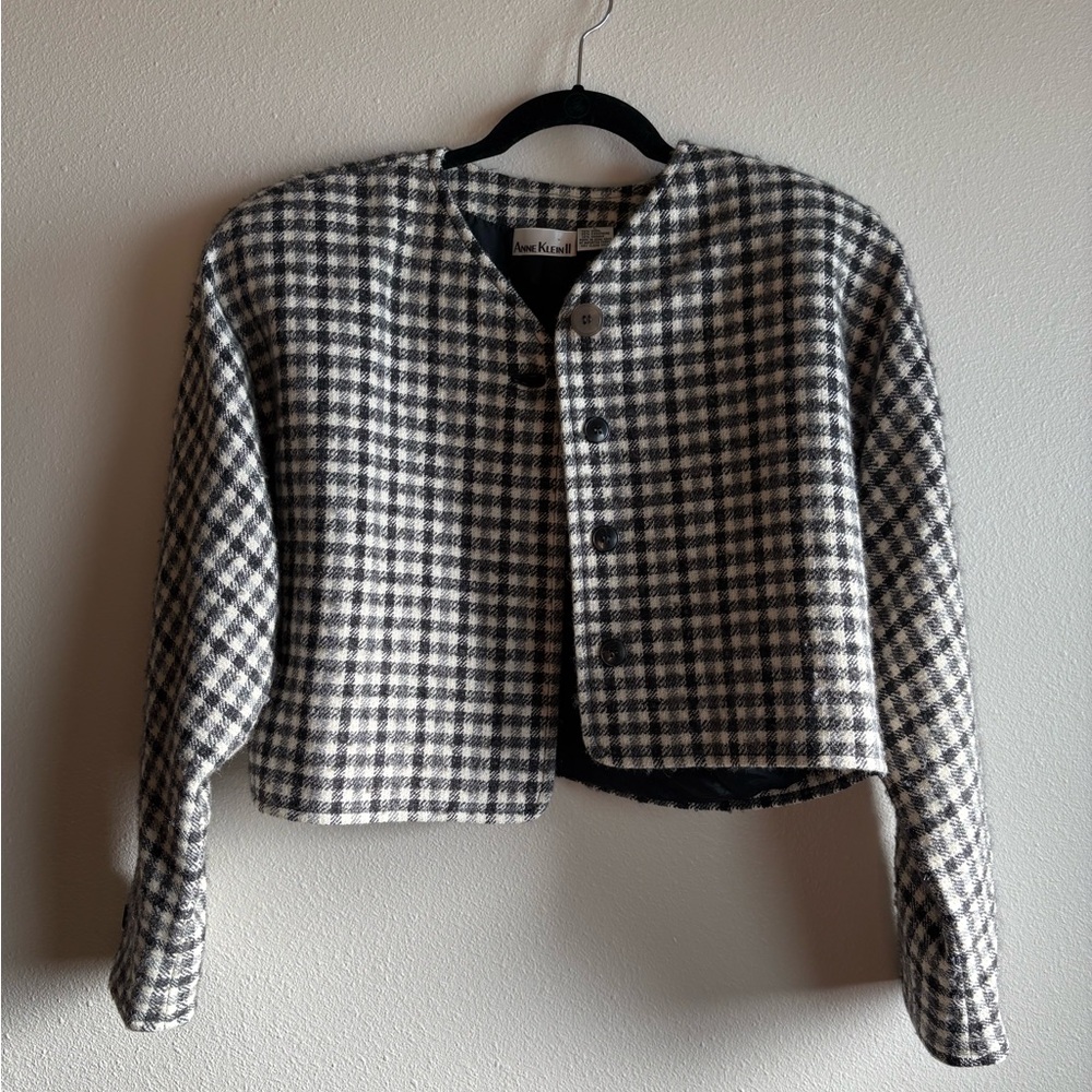 Anne Klein Black and White Checkered Wool Blazer